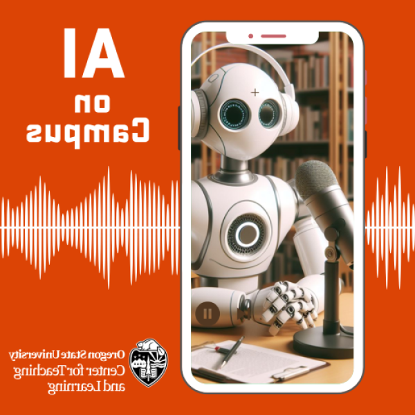 AI on campus podcast features wavelengths behind a robot at a microphone